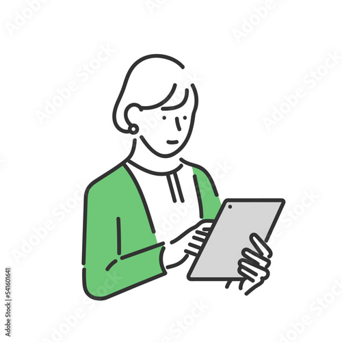 タブレットを操作している女性のビジネスパーソンのイラスト素材