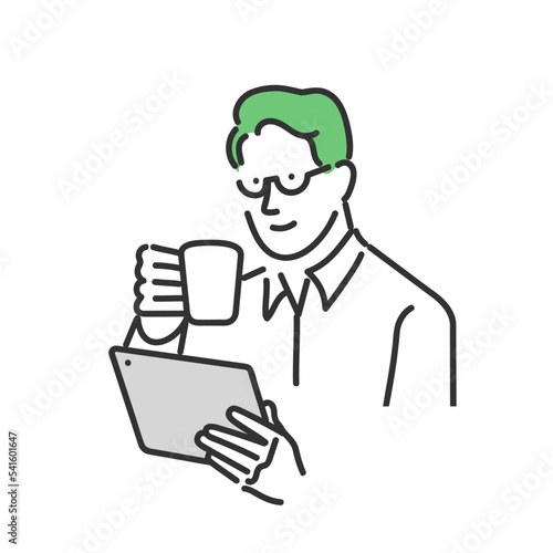 コーヒーを飲みながらタブレットを見る男性のビジネスパーソンのイラスト素材