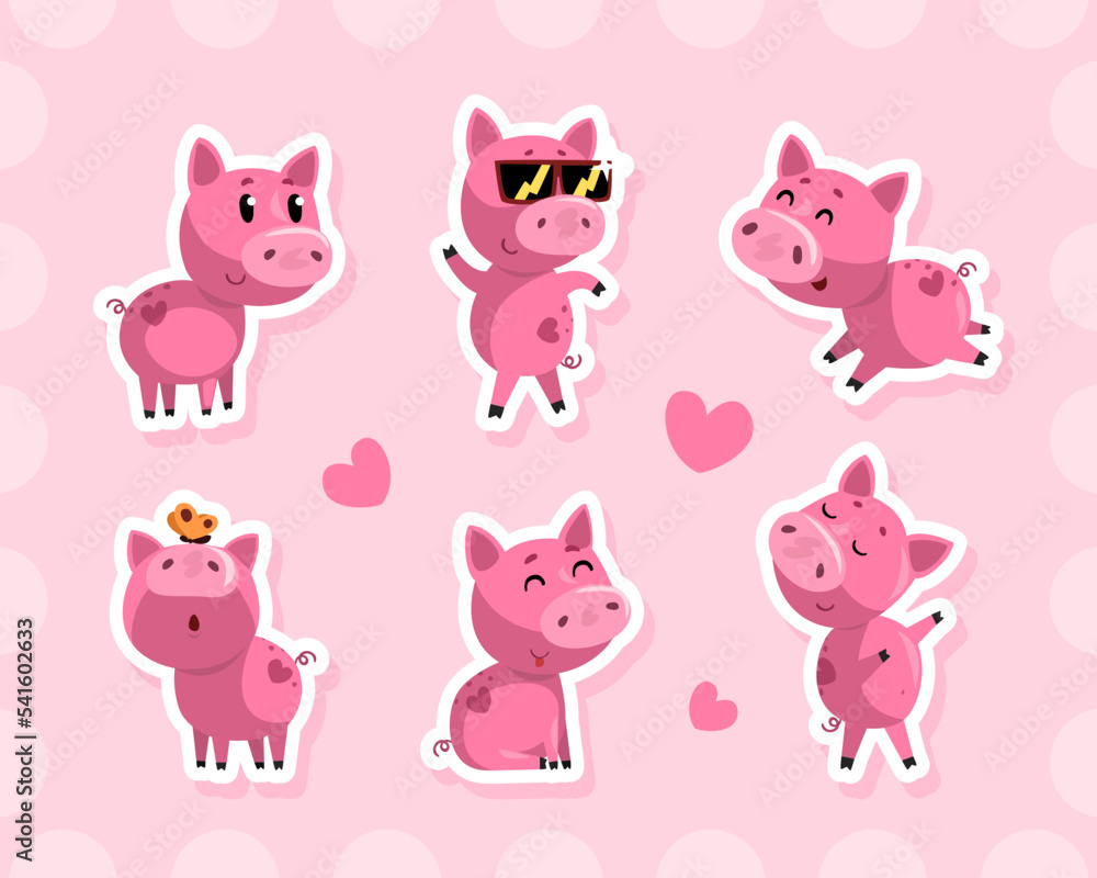 Funny Pink Pig Cartoon Character Stickers with Love Heart Vector Set