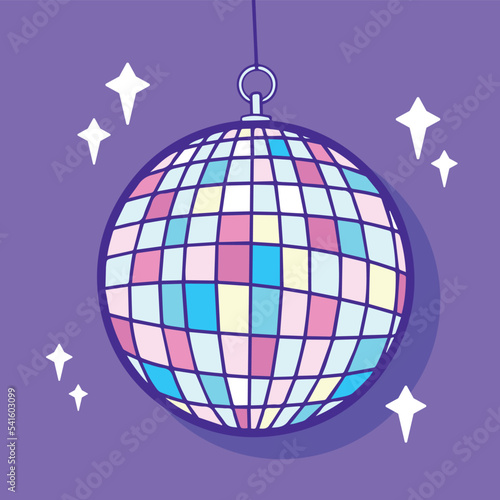 Funky pop disco ball vector illustration isolated on purple background. Cartoon icon with flat drawing art style and clean line art.