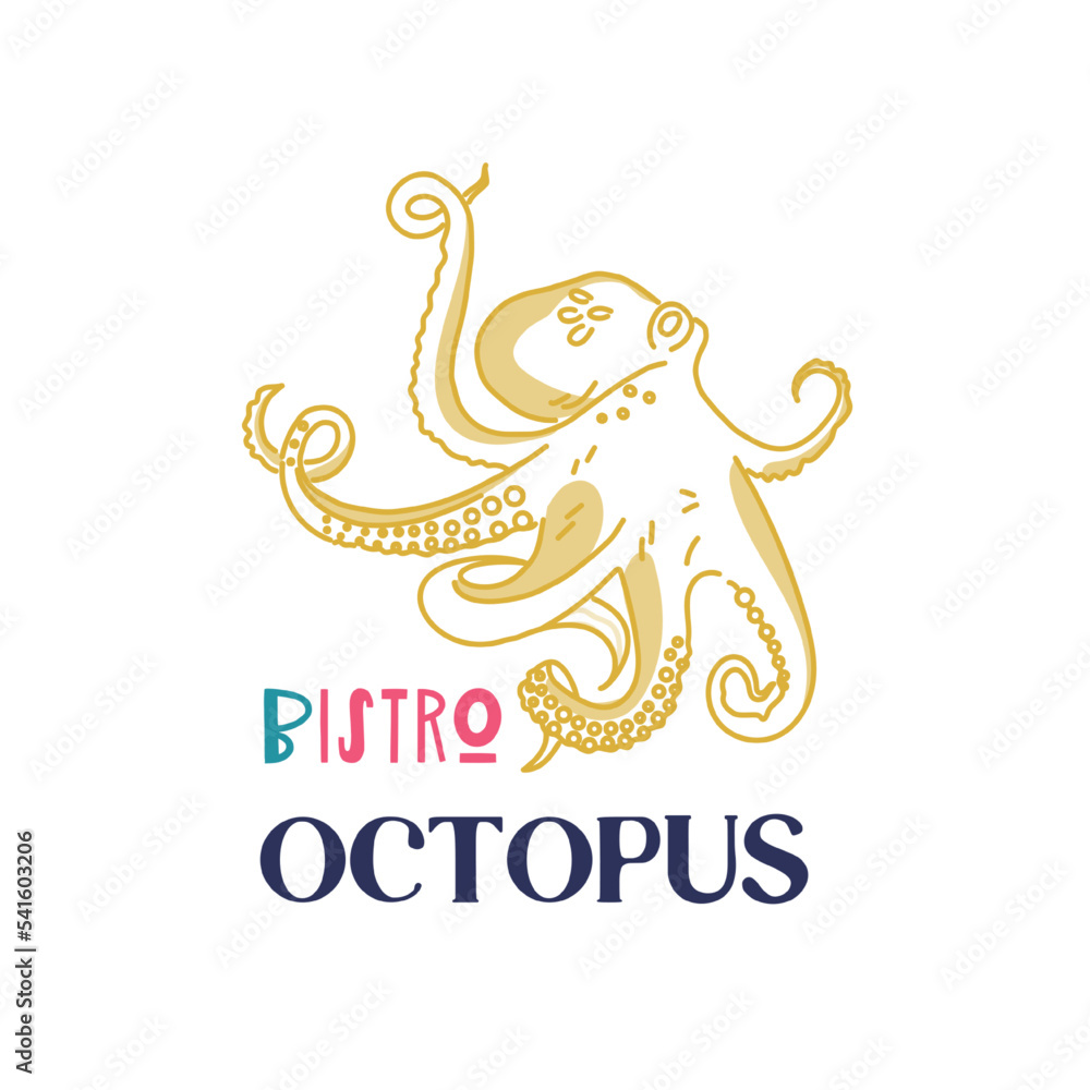 Logo template with octopus drawn by hand drawn lines. Emblem for the menu of fish restaurants, bistro, markets and shops. Vector illustration Logo template with octopus drawn by hand drawn lines. Emblem for the menu of fish restaurants, bistro, markets and shops. Vector illustration