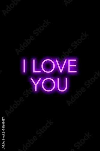 High quality illustration. Purple neon sign on a dark isolated background with the word I love you written on it. Bright sign for designs or graphic resources