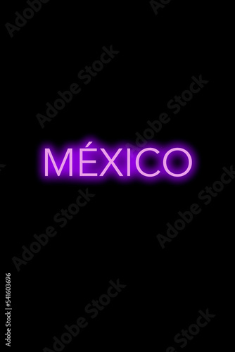 High quality illustration. Purple neon sign on an isolated dark background with the word Mexico. Bright sign for designs or graphic resources