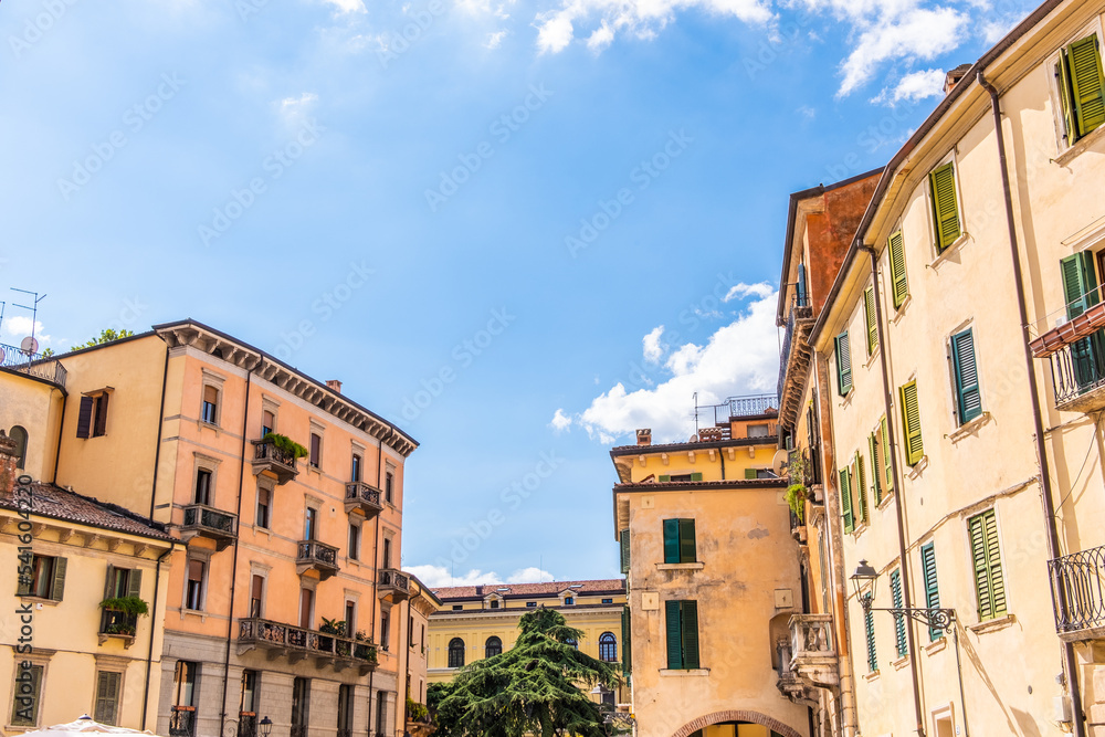 Low angle view of houses. Streets of Verona, Veneto, Italy