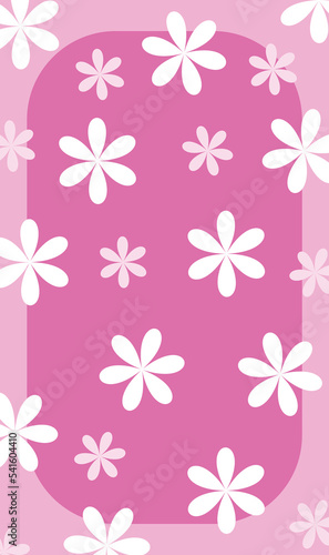 Pink background with white flowers decoration pattern on top digital vector vertical phone girly feminine wallpaper. Can be used for printing, greeting card, banner.