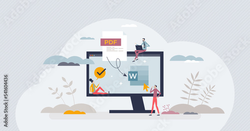 PDF to word format converter or save document in doc file tiny person concept. Online software tool with attachment upload function to remake or edit text vector illustration. Change extension type.