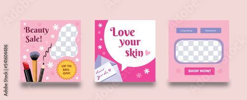 Three editable set collection of social media post template square shape with feminine girly make up beauty sale themed vector background wallpaper