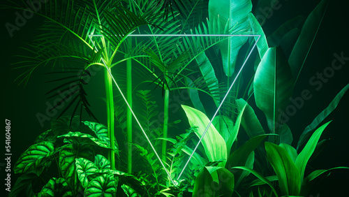 Futuristic Background Design. Tropical Plants with Green and Blue, Triangle shaped Neon Frame.