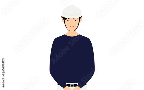 大工の男性のポーズ、正面で手を揃えて待つ