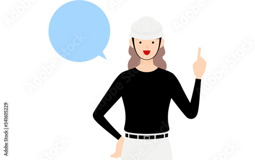 大工の女性のポーズ、指さししながら話す