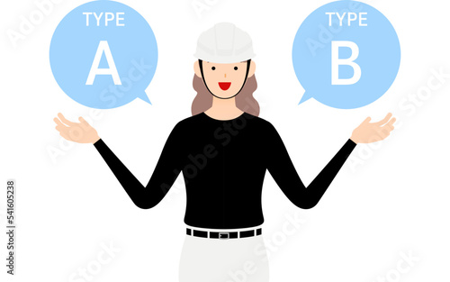 大工の女性のポーズ、AとBを勧める