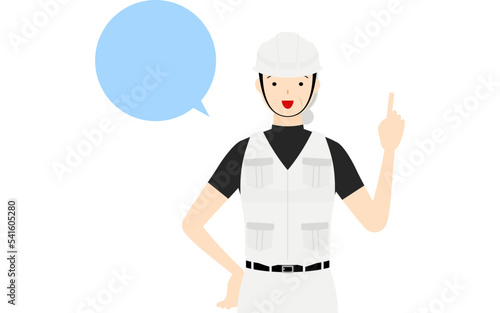 大工のシニア女性のポーズ、指さししながら話す