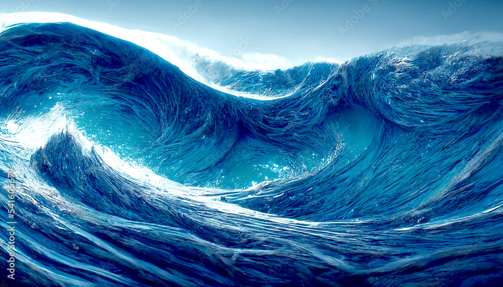 Surreal scenery in the blue sea, 3d Illustration of ocean waves on blurred background Surreal scenery in the blue sea, 3d Illustration of ocean waves on blurred background