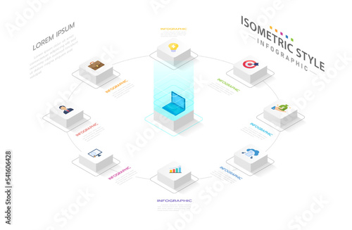 Isometric Infographic template for business. 8 Steps Modern Timeline diagram in Technology concept, corporate isometric presentation vector infographic. Presentation slide template.