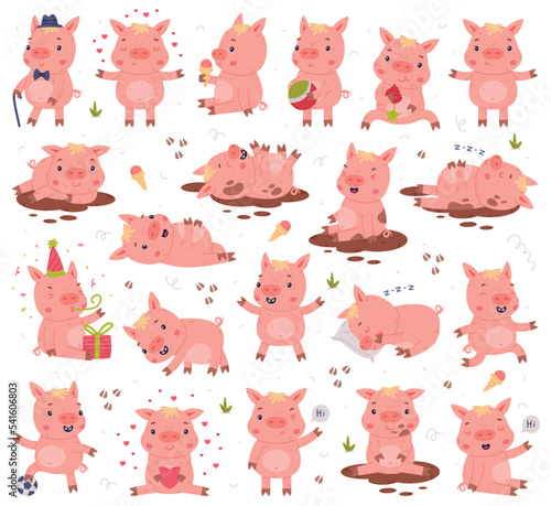 Funny Pink Pig Character Engaged in Different Activity Vector Set