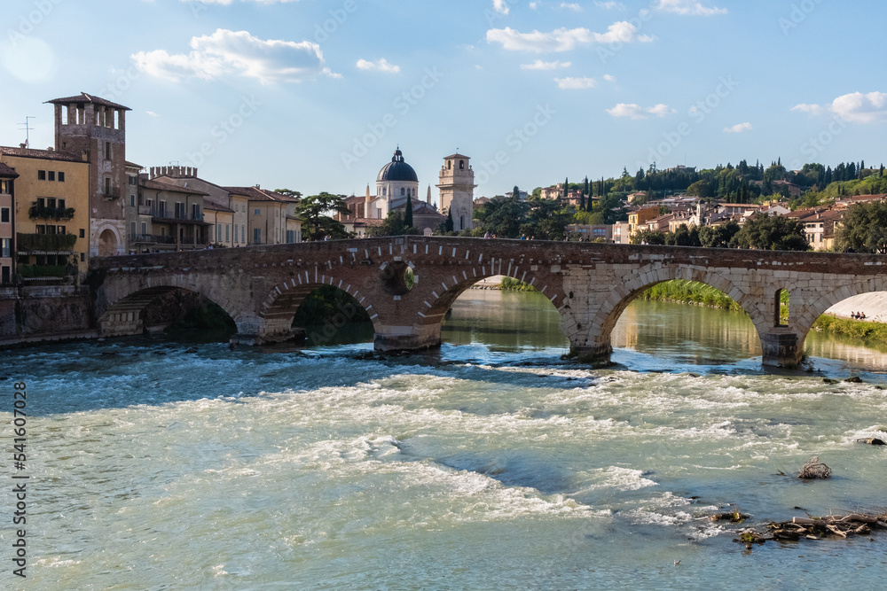 Stone bridge over the Adige river. Streets of Verona, Veneto, Italy