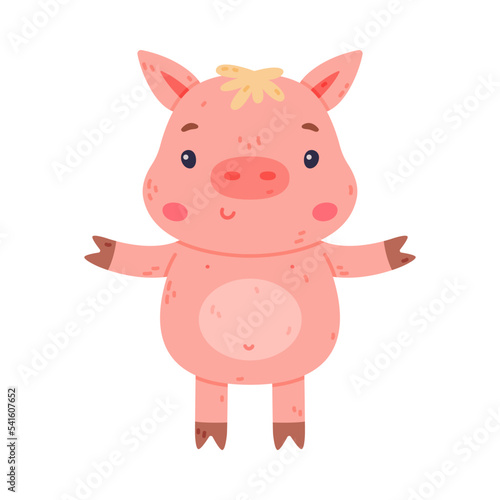 Funny Pink Piggy Character with Hoof Standing and Smiling Vector Illustration