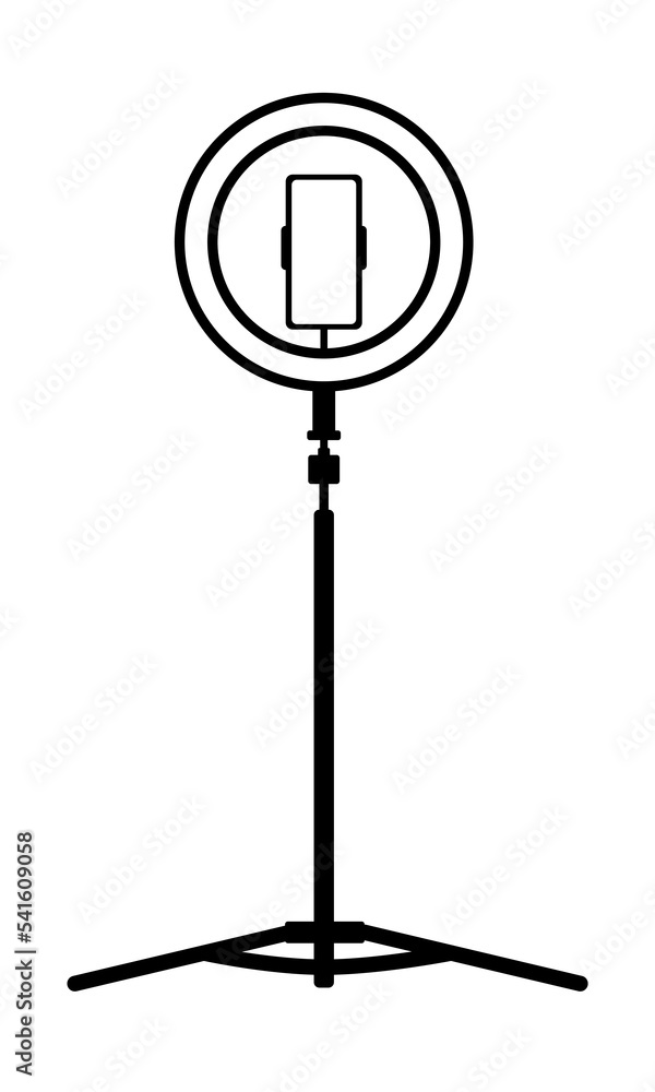 Luminous studio lamp ring, selfie camera stick with phone. Isolated on white background Luminous studio lamp ring, selfie camera stick with phone. Isolated on white background