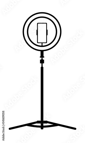 Luminous studio lamp ring, selfie camera stick with phone. Isolated on white background