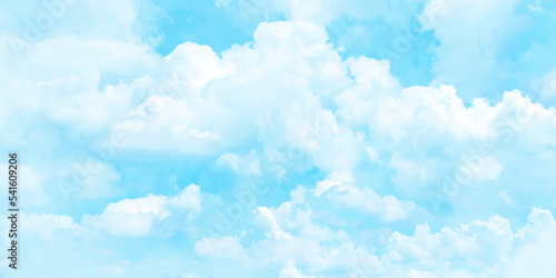 Blue sky with white clouds background. Romantic sky. Abstract nature background of romantic summer blue sky with fluffy clouds. Beautiful puffy clouds in bright blue sky in day sunlight.><
