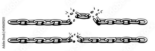 Broken chain with shatters as symbol of strength and freedom. Sketch of metal chains. Vector illustration isolated in white background