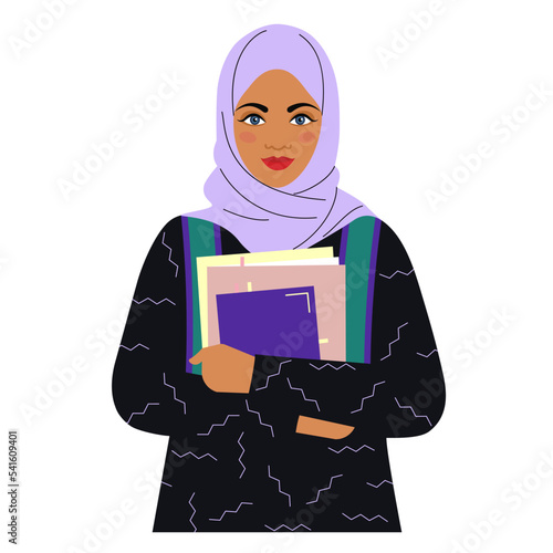 girl in a hijab with books and textbooks