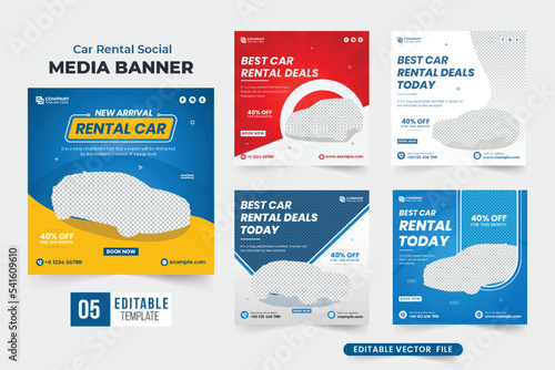 Car rental deal template bundle for business advertisement. Automobile and rent a car business web banner set design with blue and yellow colors. Car rental social media post vector collection.