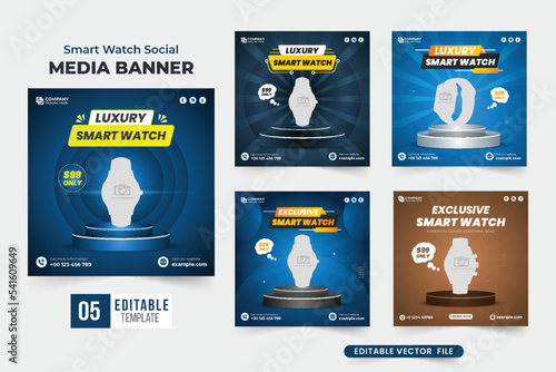 Smartwatch social media post template collection with blue and coffee colors. Clock business promotional web banner design bundle with podiums. Wristwatch sale template set vector for online marketing