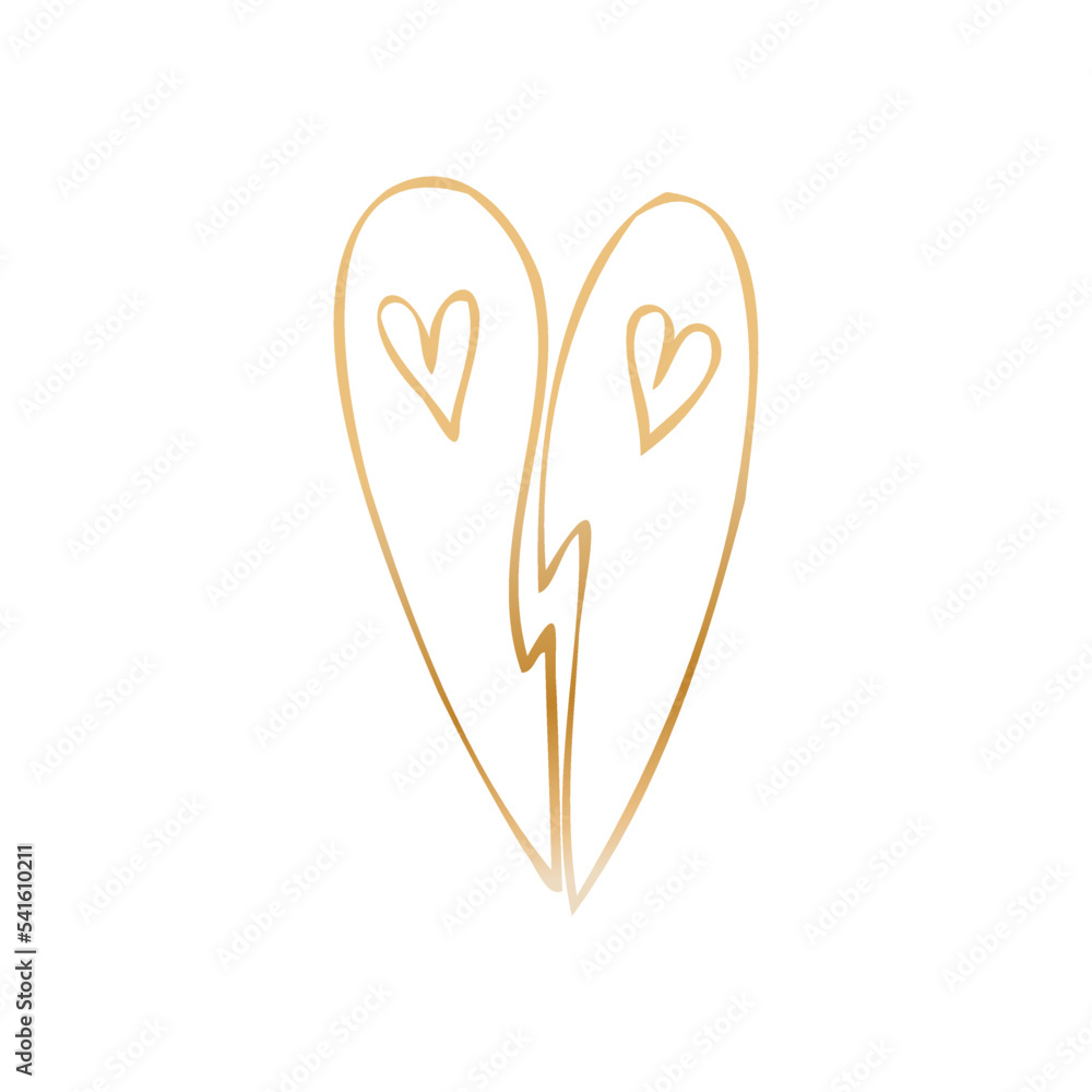 Simple golden doodle hand drawn heart. Isolated design element for valentine's day, wedding, romance Simple golden doodle hand drawn heart. Isolated design element for valentine's day, wedding, romance