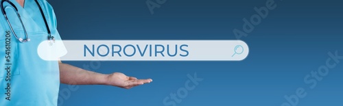 Norovirus. Doctor stretches out hand. Browser search with text hovers over it. Medicine online on the internet