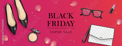 Black friday horizontal banner design template with realistic 3d elegant red shoes, handbag, lipstick, powder and rose petals. Woman accessories and cosmetics composition. Vector illustration