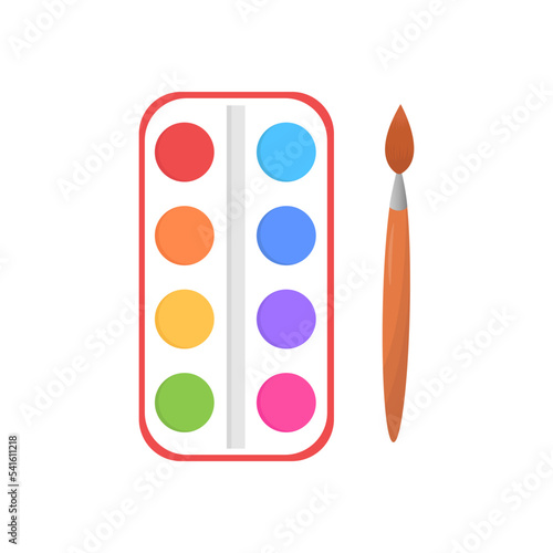 Watercolor paint palette with paintbrush. Flat vector illustration isolated on white background