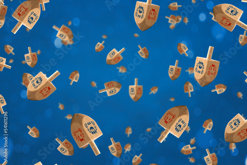 Fototapeta kuchenna Multiple Channukah dreidels levitating randomly on blue background