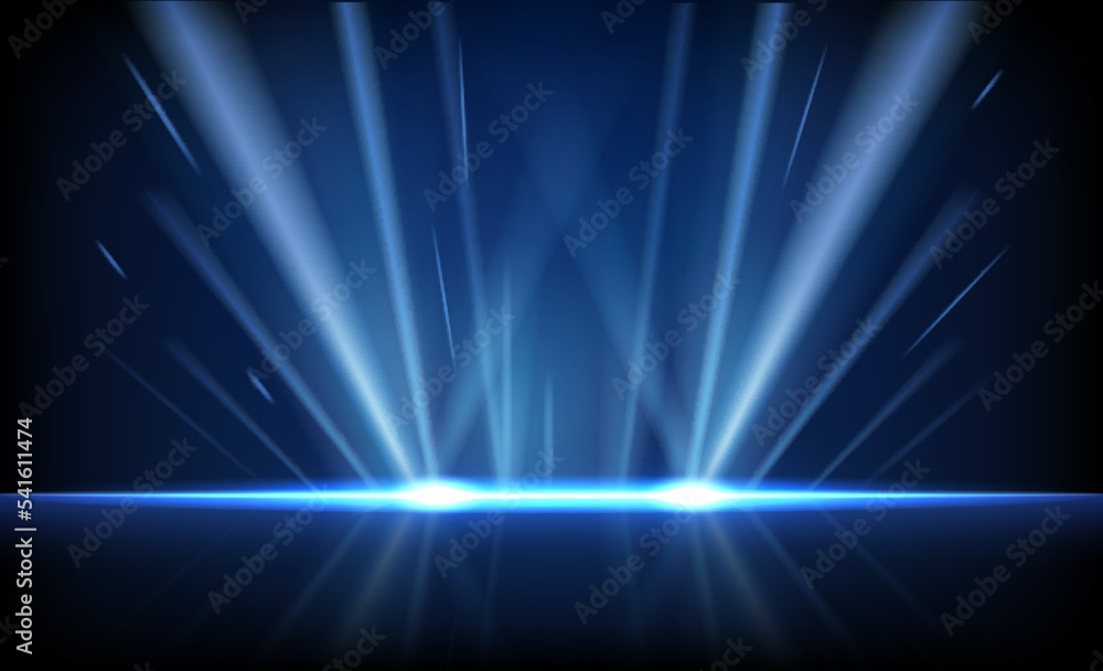 Abstract Blue Light Rays Background. Dark Background With Lines and Spotlights, Neon Light, Night View. Vector Illustration