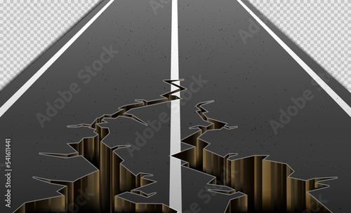 Cracks in Asphalt Roads caused by Earthquakes. Cracks on the Highway on a Transparent Background. Vector Illustration