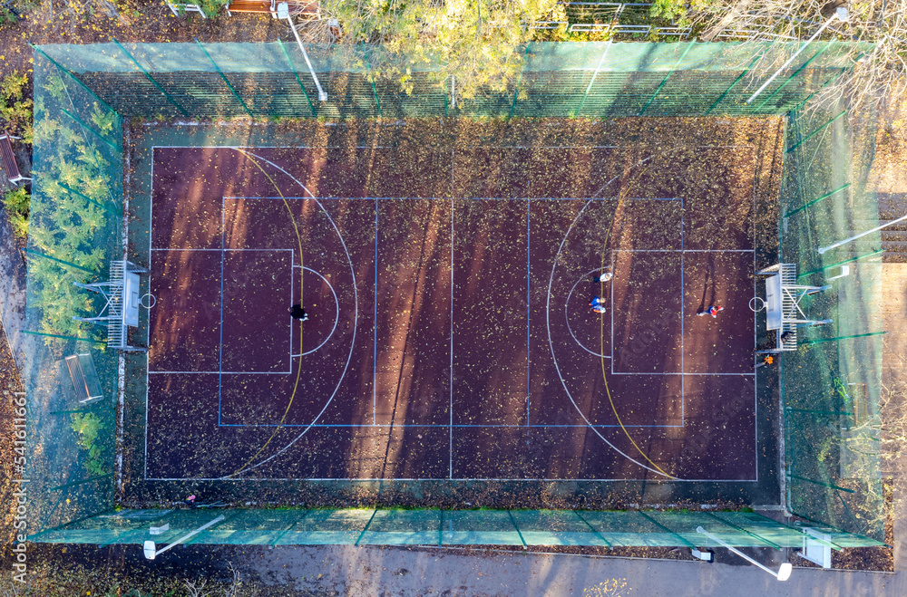 Basketball and soccer field seen from above, sports facility. Drone photo, bird's eye view photo.