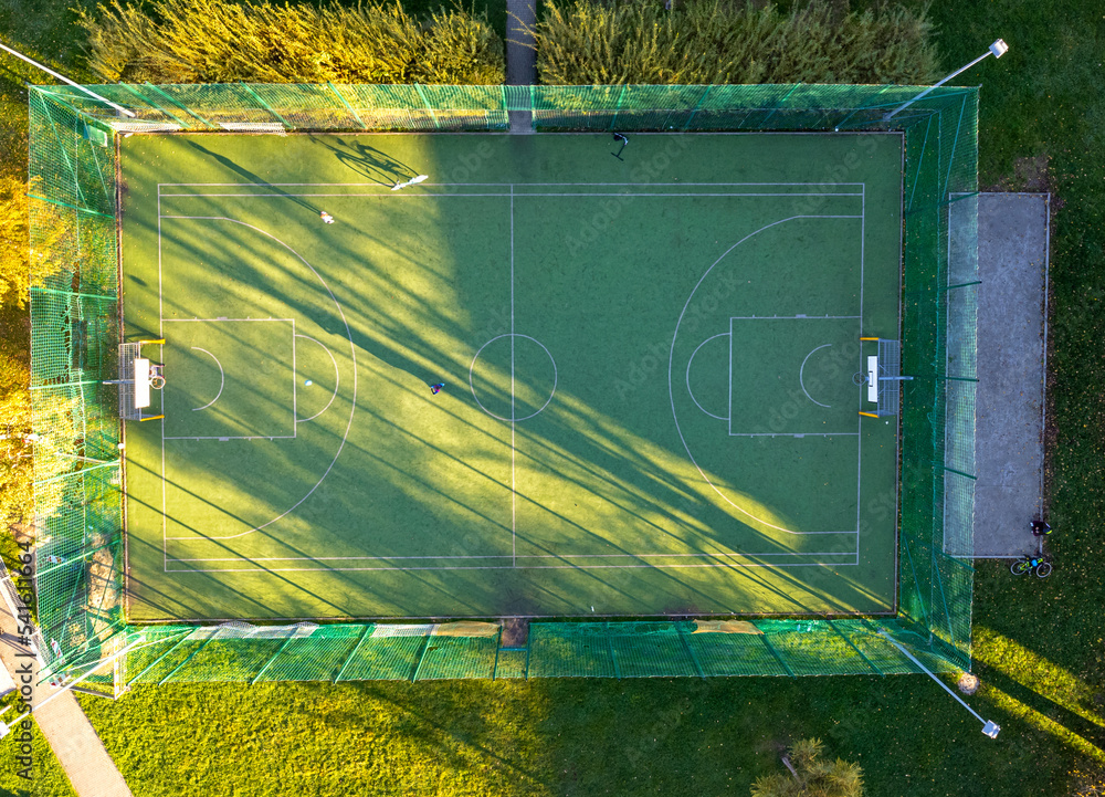 Basketball and soccer field seen from above, sports facility. Drone photo, bird's eye view photo.