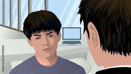 Portrait of two men talking face to face in office with laptop, furniture and windows from ceiling to floor realistic minimalistic illustration vector