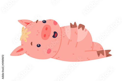 Funny Pink Piggy Character with Hoof Lying with Full Belly Vector Illustration