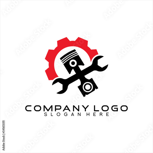 Automotive engine repair vector logo design with gear, wrench and piston elements.