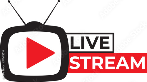 Live stream flat logo  red vector design element with play button. Vector illustration