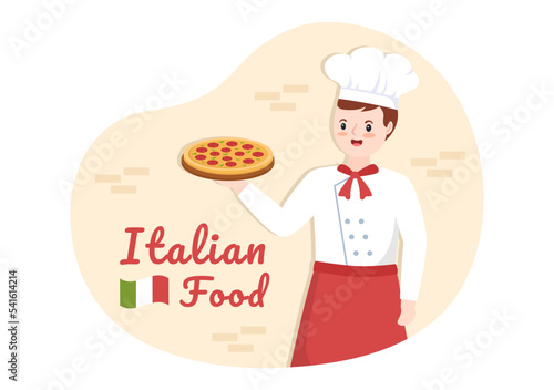 Italian Food Restaurant or Cafeteria with Chef Making Traditional Italian Dishes Pizza in Hand Drawn Cartoon Template Illustration