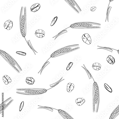 Detailed hand drawn black and white illustration seamless pattern of oat ear, wheat, leaf, grain, agriculture. sketch. Vector. Elements in graphic style label, card, sticker, menu, package.
