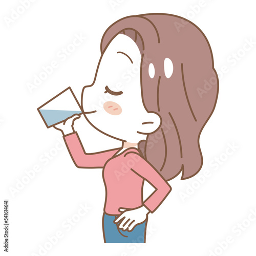 Illustration of a woman drinking water, upper body.