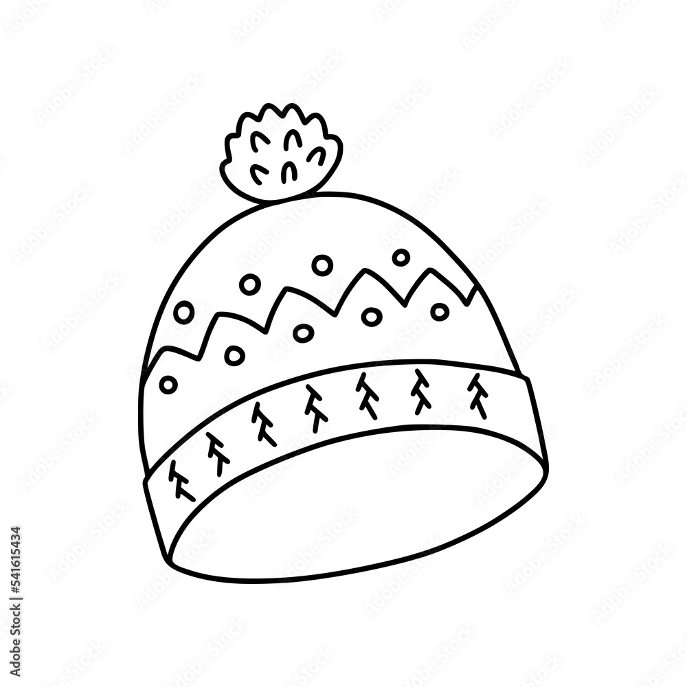 Hiking hat with a pumpon in the style of doodles. Isolated on a white background. Vector illustration. Hiking hat with a pumpon in the style of doodles. Isolated on a white background. Vector illustration.