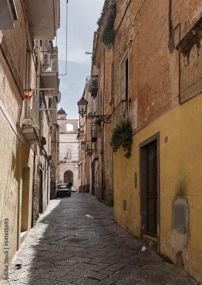 Sessa Aurunca is a small town in Campania. View of the historic center. Alleys and historic buildings.