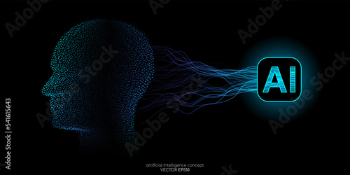 Vector illustration human head dot particles blue light and neural network wavy line isolated on black background in concept of A.I. artificial intelligence technology, machine learning, neuroscience