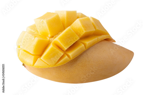 Rip mango slice cubes cut, Mango half cut in cubes, Fresh juicy mango fruit isolated on transparent background