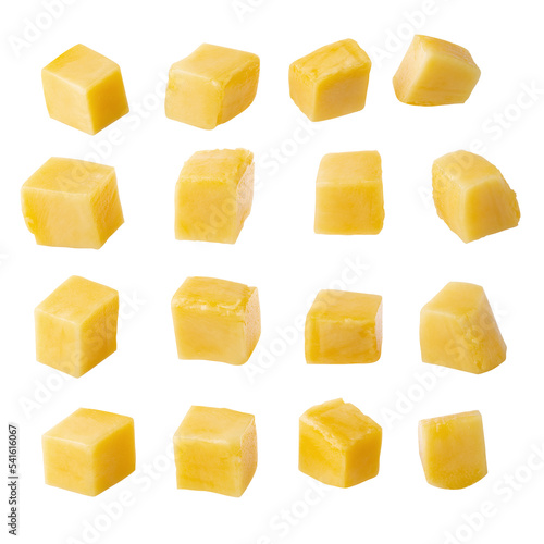 Fotobehang Rip mango slice cubes cut, Mango half cut in cubes, Fresh juicy mango fruit isol