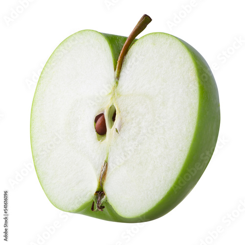 Green apple with green leaf and cut slice with seed isolated on transparent background
